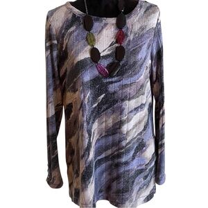 SUSAN GRAVER PURPLE & BLACK WATERCOLOR LONG SLEEVED TOP SZ MED